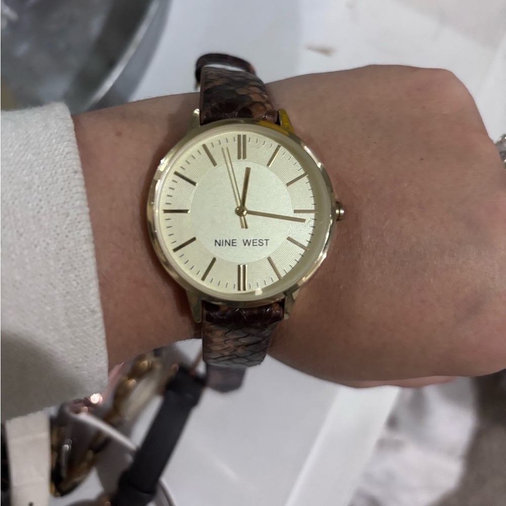 Nine West Gold-Tone Watch with Textured Brown Strap
